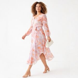 Express Abstract Floral Button Front Long Sleeve Midi Handkerchief Hem Dress S